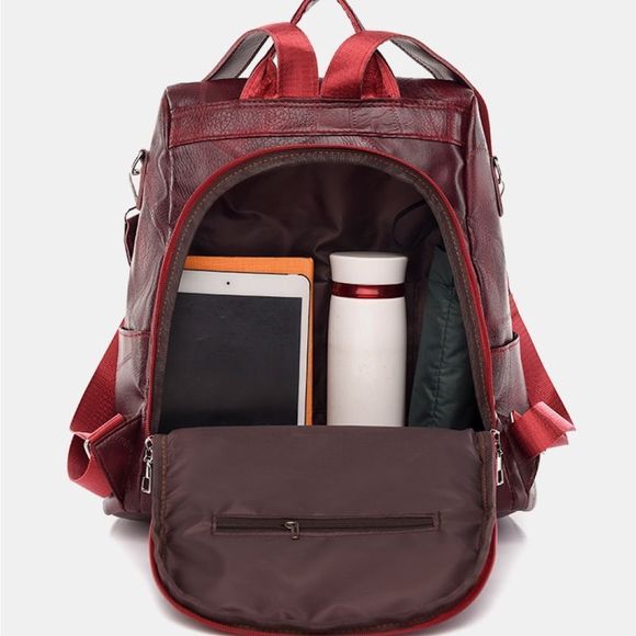 Wine Red PU Vegan Leather Backpack Purse Bag Multi Pocket
